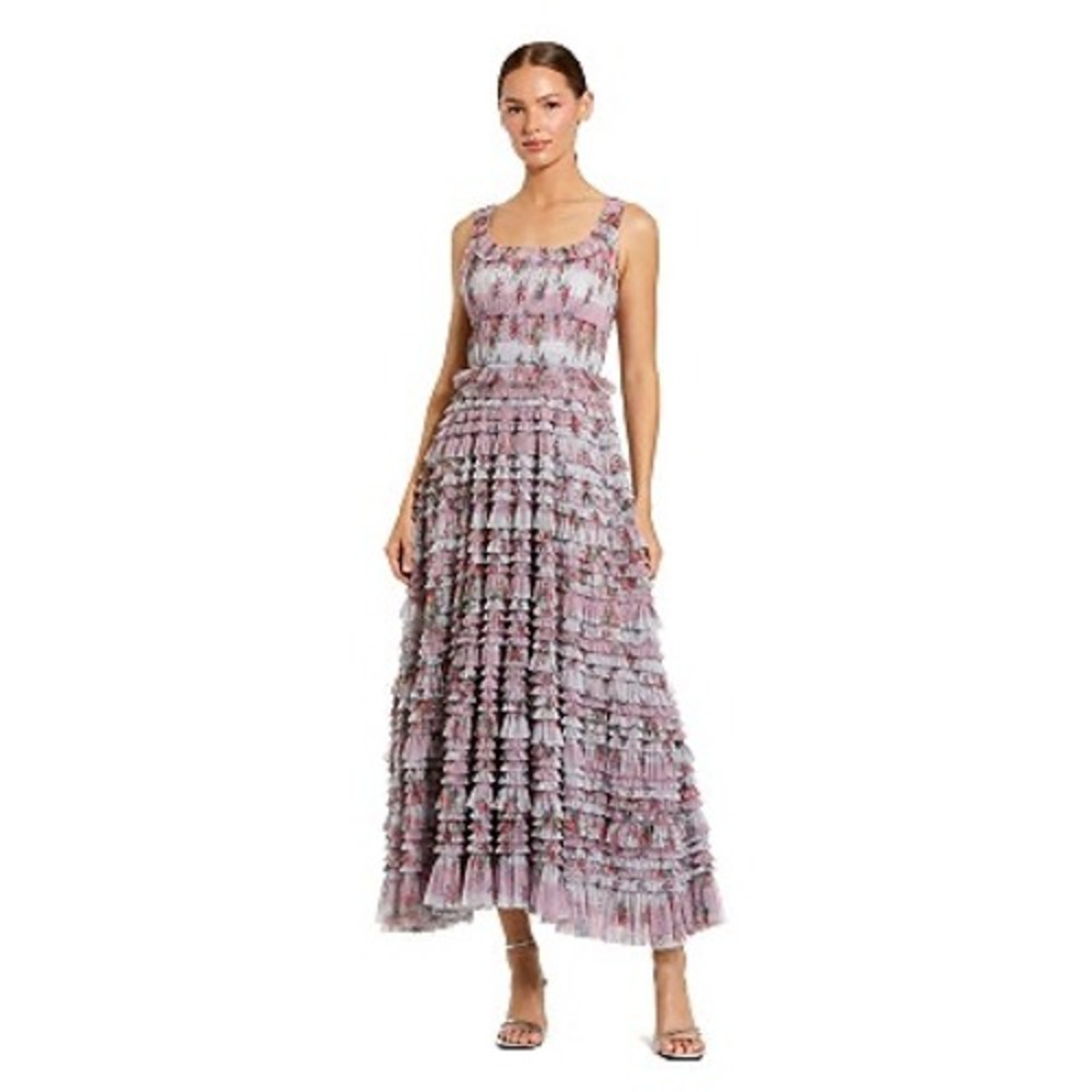 Mac Duggal 8311 Floral Tiered Ruffle Mesh Plum Maxi Dress Size 2 Romantic